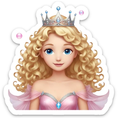 Elegant fairy with golden-blonde curls, a delicate silver crown, and sparkling blue eyes. She wears a shimmering light pink gown with a layered, ethereal design. Surrounded by a glowing, translucent pink bubble, radiating warmth and magic, with a bright, confident smile. sticker