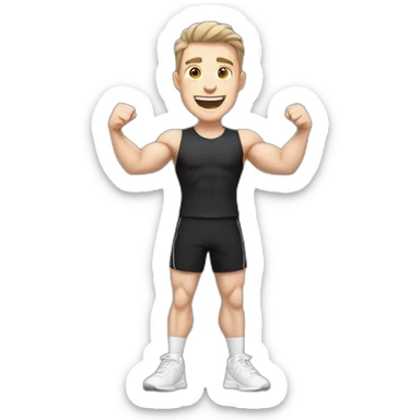 Joyful Celebrating victory Pale skinned Fit Man With the biceps and dark brown hair in black shirt, gray sports shorts and white Sneakers sticker