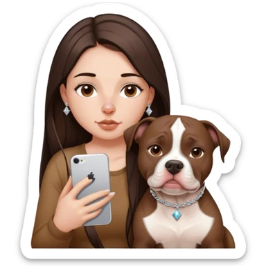 ￼ a young girl with long dark brown hair cascading down her face. It’s with her phone in her hands, sitting next to her pitbull with a small diamond nose ring in her nose. sticker