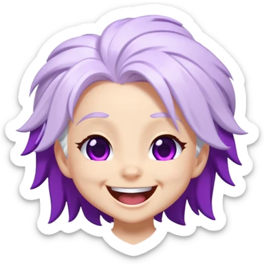 Chibi Sable Ward laughing hard, exaggerated laugh, head tilted back, white hair with purple streaks, fully purple eyes, extremely happy expression sticker