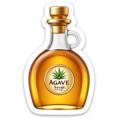 transparent bottle of agave syrup, warm golden-amber, shiny, viscous, curved shape, gold or green flip-top cap, minimal label, no text, 3D-rendered, clean, soft shadows, transparent background, emoji scale sticker