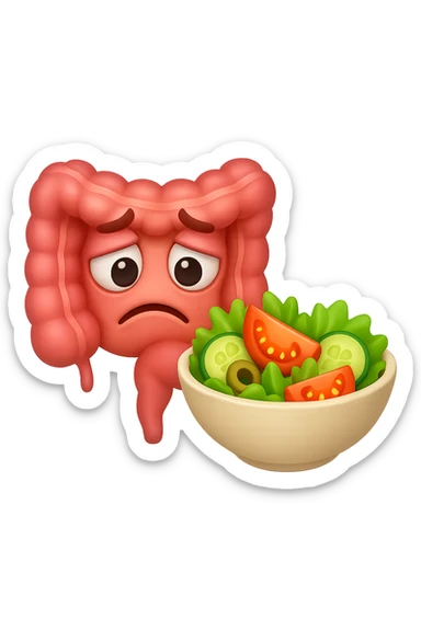 EMOJI STILE IPHONE DI UN INTESTINO UMANO ANATOMICO CHE GUARDA UN INSALATA CON ESPRESSIONE TRISTE E RASSEGNATA IN VOLTO: SOFFRE LA FAME PERCHé è A DIETA, FAGLI ANCHE LA PARTE BIANCA DEGLI OCCHI, NON SOLO LE PUPILLE sticker