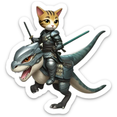 samurai cat riding a velociraptor with a futuristic armor sticker