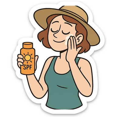 illustration of a woman gently rubbing sunscreen on her face with one hand, holding a sunscreen container in the other, casual summer look, no background sticker