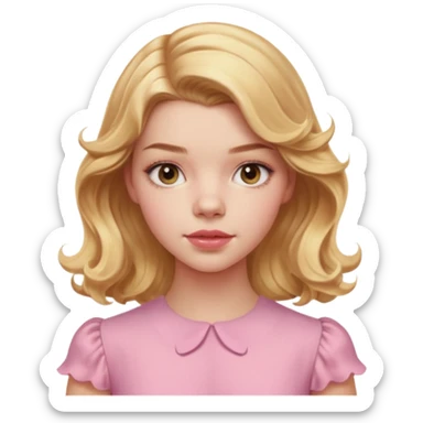 Cinematic Realistic Anya Taylor Joy Portrait, depicted with lifelike skin texture, subtle rosy undertones, and soft natural lighting that enhances the sweet blush contours of her face. Her intricately detailed golden blonde hair is elegantly wavy, and pink dress corquette sticker