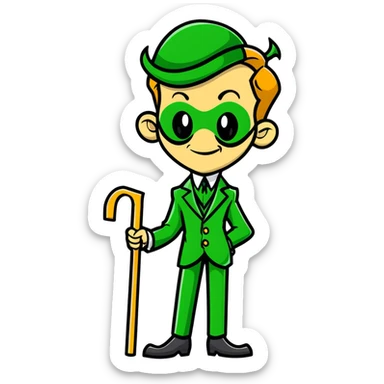 The Riddler villain with green suit, question mark cane, mischievous grin sticker