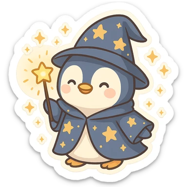a cute penguin wizard with a starry robe and a glowing wand, magical sparkles around sticker