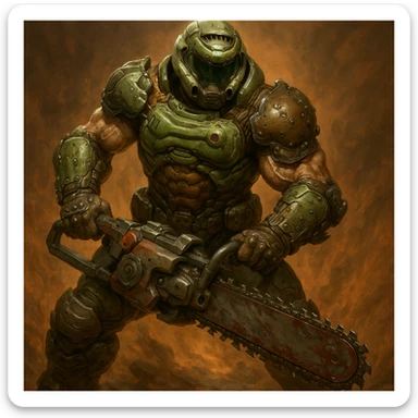 The Doomslayer, full body, wielding a chainsaw, green and brown armor, muscular and imposing, inspired by Doom Eternal sticker