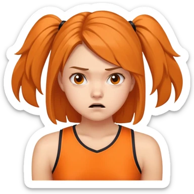 - Nữ
- 15 tuổi
- Da trắng
- Tóc gọn gàng, ngang vai
- Lập dị, khó gần
- Mặc áo cổ vũ cam
- Không cần tay, ảnh chân dung, miêu tả mặt khó chịu sticker