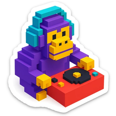 voxel style gorilla DJ with headphones and turntable, isometric view sticker