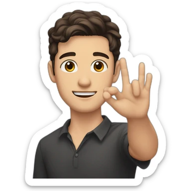 20 year old man with a shaved mustache and dark brown hair and brown eyes and black earrings in both his ears waving hello with his right arm and hand sticker