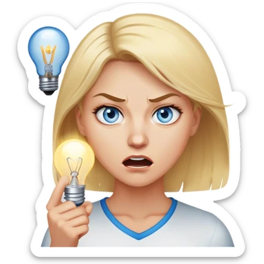 woman with blond hair and blue eyes lighting up a lightbulb with her anger sticker