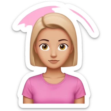 female character with oval-shaped head with flat top wearing a pink t-shirt sticker