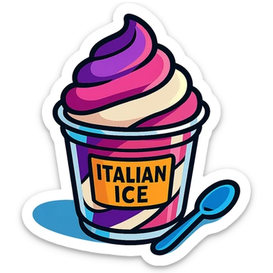 Italian ice in a clear cup, swirled layers of purple, pink, and white, with a small spoon sticker