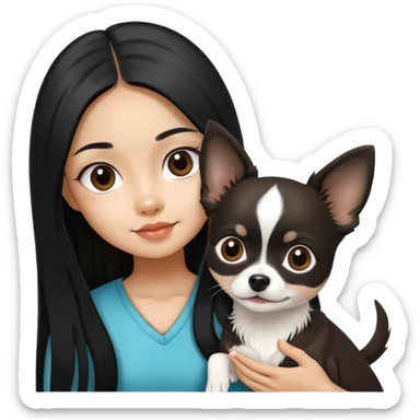 Thai girl with long black hair holding a black and white Chihuahua dog sticker