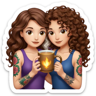 warm potion break — long wavy brown hair tattooed woman and short tight curly brown hair woman — hugging glowing mug sticker