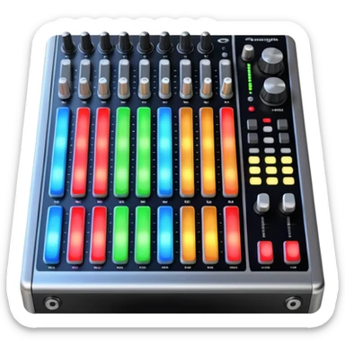 The long DJ mixer features faders, EQ knobs and multi-colored LEDs. sticker