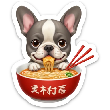 Merle French bulldog eating Ramen noodles sticker