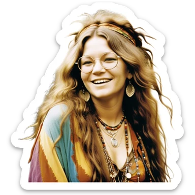 a portrait of janis joplin, focusing on her upper half. she has long, wavy hair with a free-spirited, messy style, round glasses, and a warm, infectious smile. she’s wearing layered bohemian jewelry, colorful clothing, and a feather in her hair, exuding her iconic 60s rock-and-roll vibe. the background is vibrant and slightly psychedelic sticker