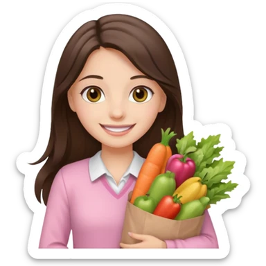 smiling long brunette hair girl hazel eyes wearing light pink clothes holding groceries sticker
