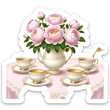 An enchanting garden tea party setting with a vintage lace tablecloth, golden-rimmed porcelain teacups, a centerpiece of light pink roses and white peonies in a pearl-trimmed vase, with delicate pearl butterflies flitting through the soft sunlight.
 sticker
