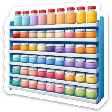 Japanese brand creams displayed on a storage shelf, arranged with horizontal variation and vertical consistency. sticker