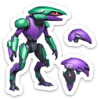 a purple-green Genesect-Raptor-Fakémon—hybrid with a futuristic visor-helmet full body sticker