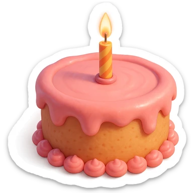 Draw a Pixar-style birthday cake with pink frosting and a single candle. The cake should be visible from the front and top. sticker
