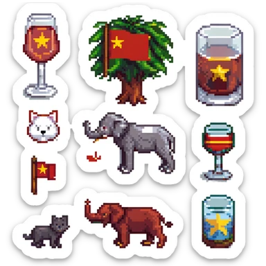 cat, dog, wolf, Vietnam flag, tree, elephant, and a glass all together in pixel art style sticker