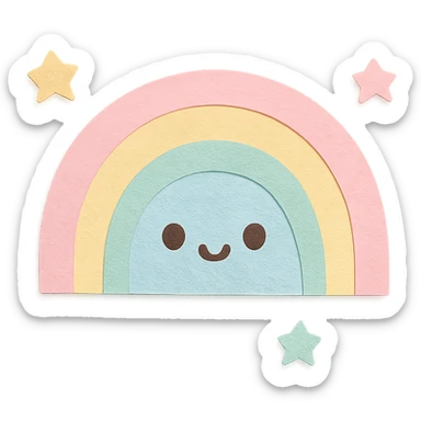 soft pastel gentle rainbow arc with tiny star companions, no arms, no legs, full body, soft pastel kawaii paper craft style sticker