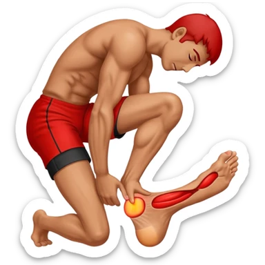 Man holding his foot in pain, muscle cramp in feet, red pain highlight on foot, simple medical emoji style, clean background sticker