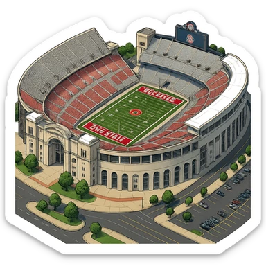 Изометричная, яркая, детализированная и фотореалистичная иллюстрация стадиона Ohio Stadium в стиле 3D-коллажей городов, насыщенные цвета, аккуратные линии, мультяшно-реалистичная стилистика. Чёткие контуры, прозрачный фон, высокое качество. sticker