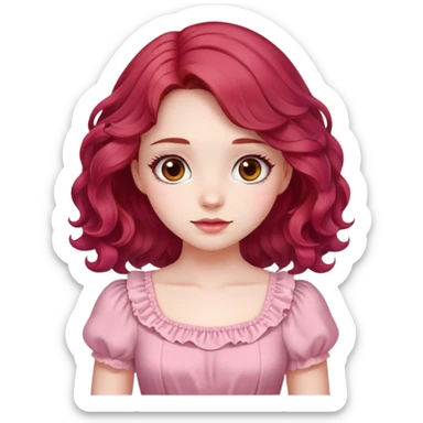A pale girl with cherry red wavy hair and brown eyes, wearing a pink cute dress. sticker