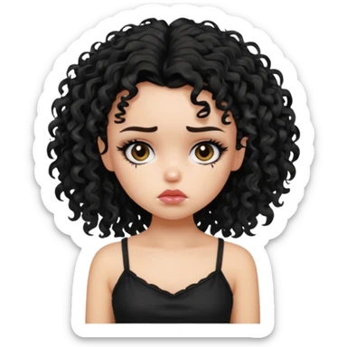 generate a pretty fair bratz girl with black messy curly hair looking sad . Wearing a black cami sticker