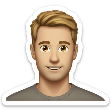 A head and shoulders shot of a 32 year old White man, with short brown hair,   with brown eyes wearing a t-shirt. sticker