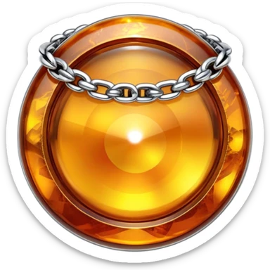 extreme close up of a round cut holographic amber charm with silver metal accent and ornate chain sticker