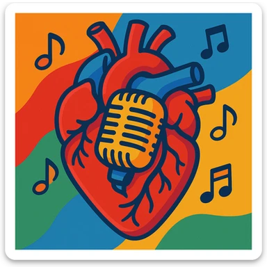 anatomical heart with a classic microphone embedded, music notes floating around, artistic vibe sticker