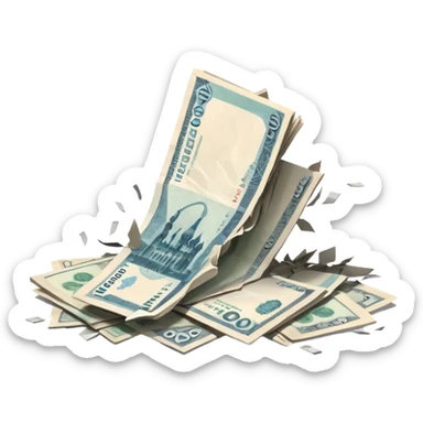 single stack of russian ruble notes blown into pieces because of explosion sticker