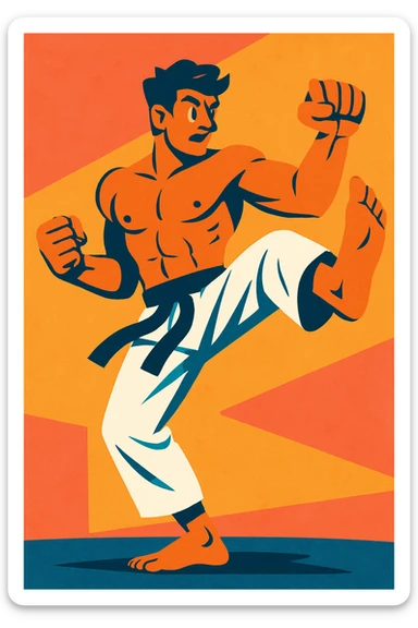 a tall, athletic man, shirtless, in white karate pants, stylized illustration, dynamic pose sticker