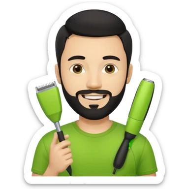 handsome young man, fair complexion, black hair and beard, holding a lime green trimmer, smiling, black t-shirt, iOS emoji style sticker
