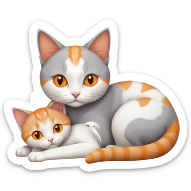 full body of a grey and white cat cuddling a very small + skinny ginger and white kitten with deep orange eyes and triangular shaped face lying down sticker