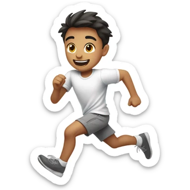 Young Eurasian boy in white shirt and grey shorts running sticker