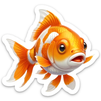 Cinematic Comical Orange and White Goldfish Portrait Emoji, Head tilted dramatically with an exaggeratedly amused expression, featuring a striking body with bold orange and white patterns, wide, expressive golden eyes filled with playful disbelief, Simplified yet hilariously expressive features, highly detailed, glowing with a slightly sassy glow, high shine, dramatic yet playful, stylized with an air of cheeky mischief, bright and endearing, soft glowing outline, capturing the essence of a spirited and over-the-top goldfish, so meme-worthy it feels like it could side-eye its way into internet fame instantly! sticker