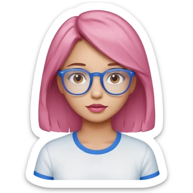 A girl with peach skin, brown eyes, blue glasses, pink lips, and light brown hair. sticker