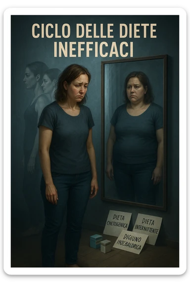 Donna tra i 30 e i 40 anni, in piedi davanti a uno specchio, con espressione delusa e stanca. Accanto a lei, sul pavimento, scatole di integratori, foglietti con scritte tipo 'Dieta chetogenica', 'Digiuno intermittente', 'Dieta ipocalorica'. Riflesso nello specchio mostra una versione di sé con peso aumentato, come se fosse tornata indietro nel tempo. Attorno a lei, immagini sbiadite o sovrapposte di sé in passato, quando era dimagrita. Atmosfera emotiva, simbolica, con luce fredda e sfumature di frustrazione. Messaggio visivo forte: 'ciclo delle diete inefficaci' in italiano sticker