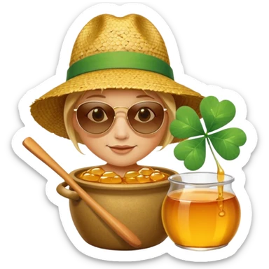 A hunny playing or eating out of a big pot of honey (like the one Winnie the Pooh played with) and have a Irish four leaf clover ground cover and a beach back drop  sticker