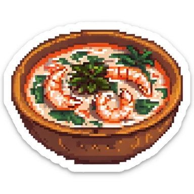 pixel art style tom yum soup, with shrimp and herbs in a bowl, classic 8-bit look sticker