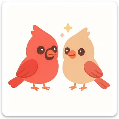 a pair of northern cardinals: bright red male with crest, black mask, orange beak, and female with light brown feathers, reddish wings and tail, small crest, softer black mask, orange beak, cohesive style, charming illustration sticker
