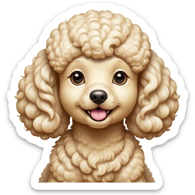 Cinematic Comical Cream Poodle Portrait Emoji, Head tilted dramatically with an exaggeratedly amused expression, featuring a glossy, curly cream Fur with a radiant sheen, wide, expressive warm eyes filled with playful disbelief, Simplified yet hilariously expressive features, highly detailed, glowing with a slightly sassy glow, high shine, dramatic yet playful, stylized with an air of cheeky mischief, bright and endearing, soft glowing outline, capturing the essence of a spirited and over-the-top companion, so meme-worthy it feels like it could side-eye its way into internet fame instantly! sticker