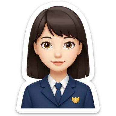 Pretty student with dark brown bangs and long straight hair, elegant school uniform, natural makeup, charming smile sticker